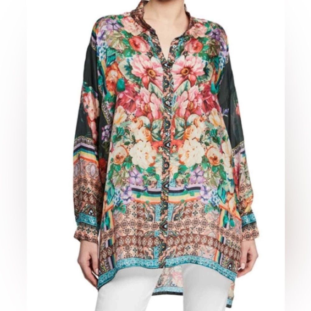 Johnny Was Floral Bethia Mixed Print Button Front Long Sleeve Silk Georgette Top